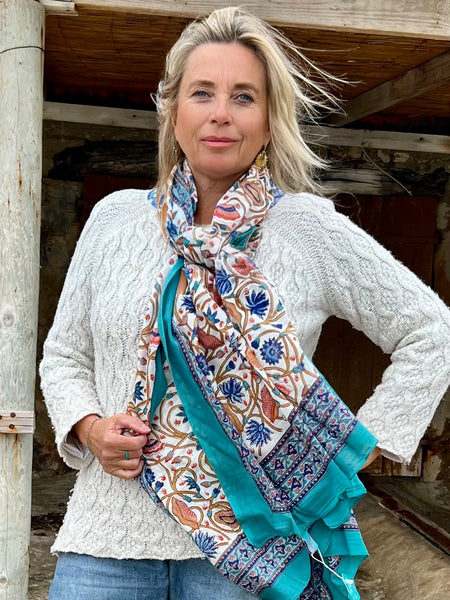 Sarong   , Pareo  , cotton shawl and beach Deluxe Block print collection, blue turquoises flower  🪷 -  AUROBELLE  IBIZA