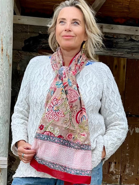 Sarong   , Pareo  , cotton shawl and beach Deluxe Block print collection, beige red flower print -  AUROBELLE  IBIZA