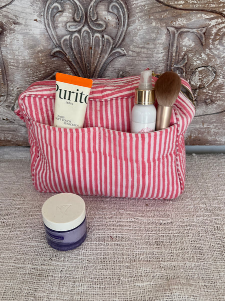 Aurobelle Hand Blockprint Cosmetic Bag – Large Travel Beauty Organizer4 pockets stripes pink -  AUROBELLE  IBIZA