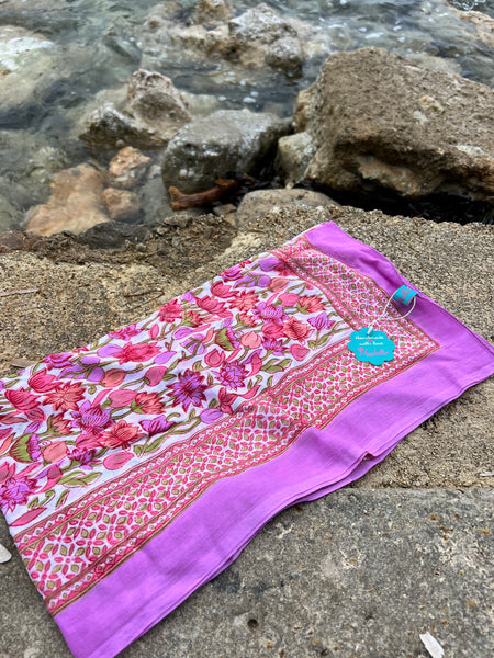Sarong   , Pareo  , cotton shawl and beach Deluxe Block print collection pink purple flowers -  AUROBELLE  IBIZA