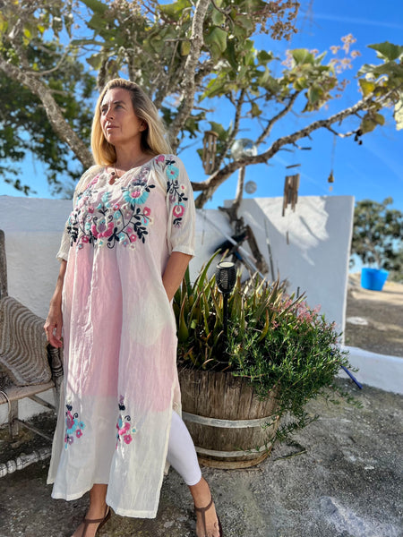 Salu dress with hand embroidery -white with color embroidery -  AUROBELLE  IBIZA