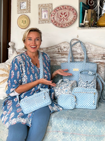 Brigitte Tote bag Large Quilted Cotton Tote Bag | Blue Block Print Shoulder Bag | Boho Beach Bag | Handmade Travel Bag