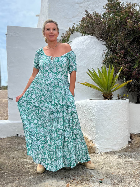 Ishi Daughter Dress – Hand Block Printed Boho Maxi emerald green