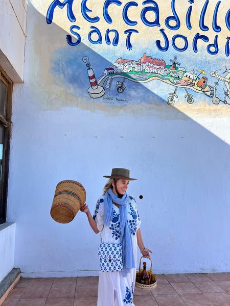 Salu dress with hand embroidery blue and white -  AUROBELLE  IBIZA