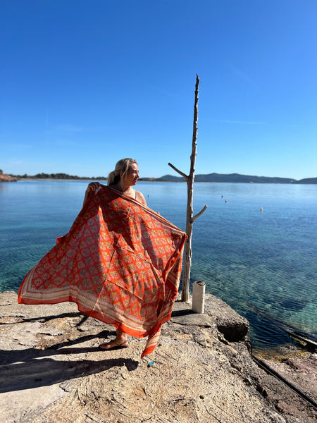Sarong   , Pareo  , cotton shawl and beach Deluxe Block print collection, orange pink 🪷 -  AUROBELLE  IBIZA