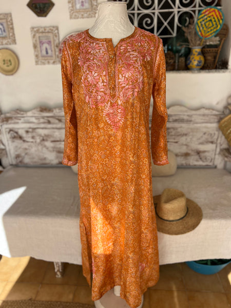 Silk tunica in stunning   design and amazing hand 🧵pink and orange -  AUROBELLE  IBIZA