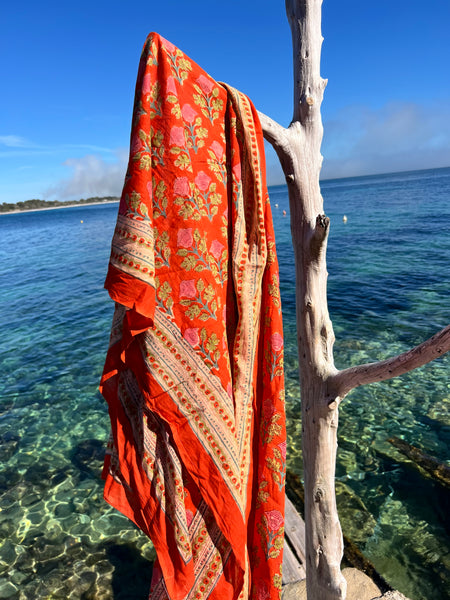 Sarong   , Pareo  , cotton shawl and beach Deluxe Block print collection, orange pink 🪷 -  AUROBELLE  IBIZA