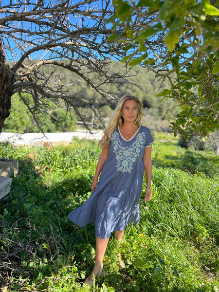 Pai dress grey hand embroidery -  AUROBELLE  IBIZA