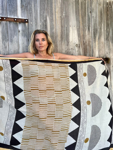 Big size Sarong ,Hand Block Printed Extra Large Sarong | Organic Cotton Muslin | Natural Bagru Print with Golden Modern Art  🌺 -  AUROBELLE  IBIZA