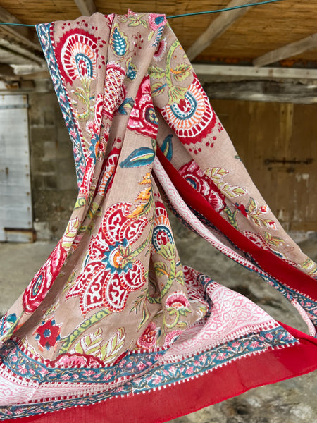 Sarong   , Pareo  , cotton shawl and beach Deluxe Block print collection, beige red flower print -  AUROBELLE  IBIZA