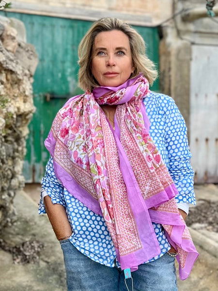 Sarong   , Pareo  , cotton shawl and beach Deluxe Block print collection pink purple flowers -  AUROBELLE  IBIZA
