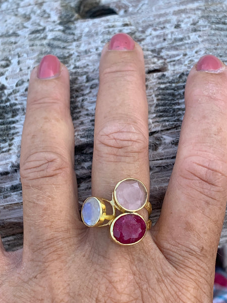 Ruby-Moon -Rose -3 stone  Ibiza designer boho ring