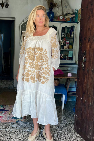 white gold Elastic Salu Embroidered Dress – Handcrafted in Thailand