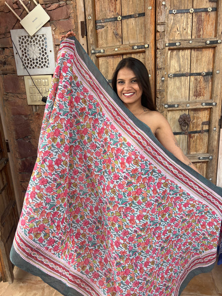 Sarong   , Pareo  , cotton shawl and beach Deluxe Block print collection,pink flower garden   🌹 -  AUROBELLE  IBIZA