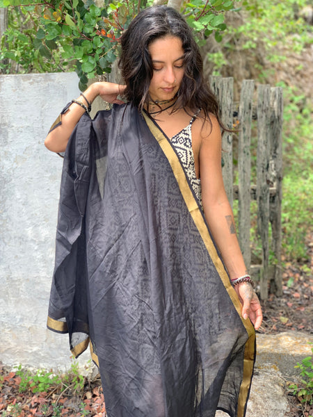 Sarong    or Pareo - Dupata in hand woven  Khadi in black with gold border