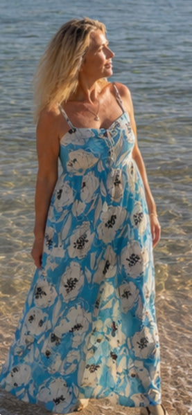 Annie Dress turquoise flower -  AUROBELLE  IBIZA