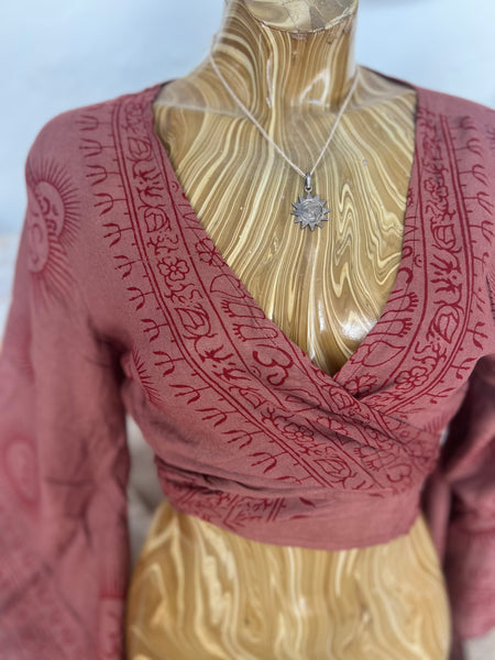 Bohemian  Wrap Top with Om Print – Spiritual Festival Crop Blouse hippie wrap blouse