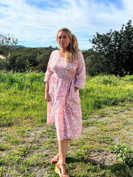 Linen dress soft flower beige pink -  AUROBELLE  IBIZA