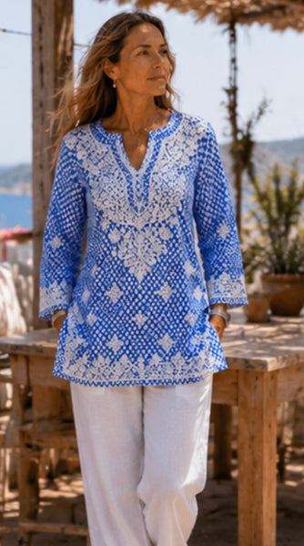 V neck kurta ocean blue  diamond -  AUROBELLE  IBIZA