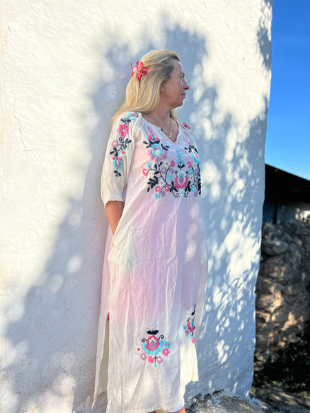 Salu dress with hand embroidery -white with color embroidery