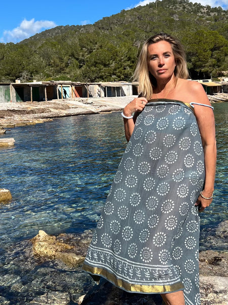 Big size Sarong ,Hand Block Printed Extra Large Sarong | Organic Cotton Muslin | Natural Bagru Print with Golden Grey cool   🌺 -  AUROBELLE  IBIZA