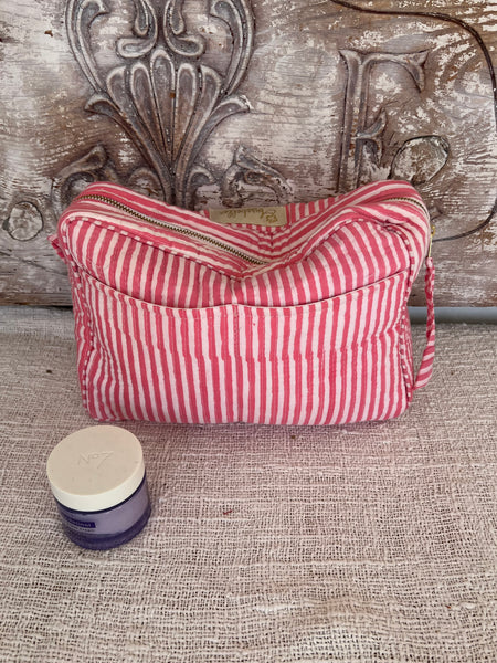 Aurobelle Hand Blockprint Cosmetic Bag – Large Travel Beauty Organizer4 pockets stripes pink -  AUROBELLE  IBIZA