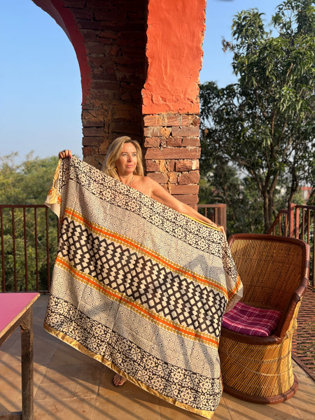 Sarong  Pareo  collection big size with golden zari border No 3A Ethnic -  AUROBELLE  IBIZA