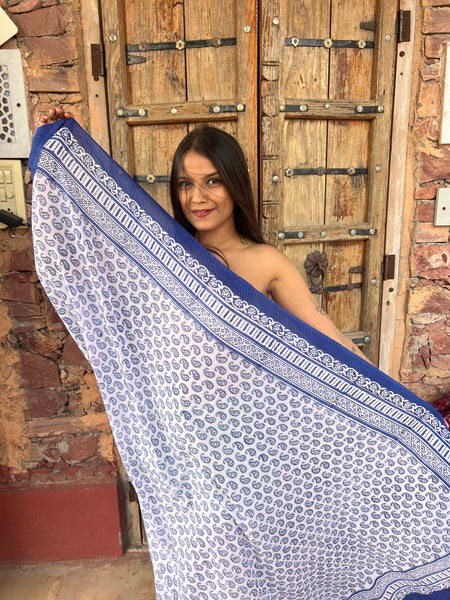 Sarong   , Pareo  , cotton shawl and beach Deluxe Block print collection,Ibiza blue and white  💙 -  AUROBELLE  IBIZA