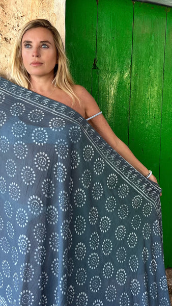 Big size Sarong ,Hand Block Printed Extra Large Sarong | Organic Cotton Muslin | Natural Bagru Print with Golden Grey cool   🌺 -  AUROBELLE  IBIZA