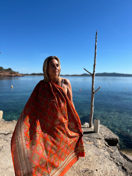Sarong   , Pareo  , cotton shawl and beach Deluxe Block print collection, orange pink 🪷 -  AUROBELLE  IBIZA