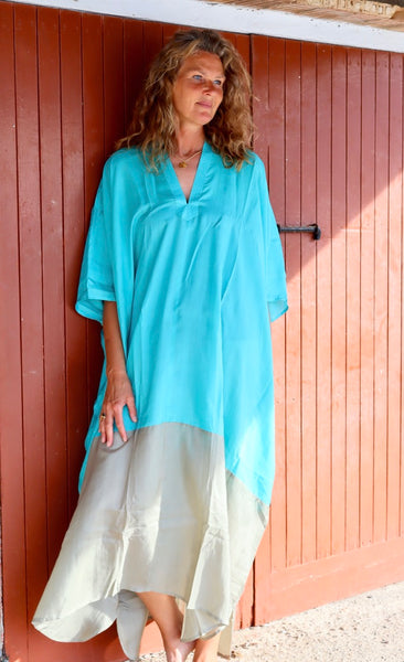 Exclusive luxury Silk kaftan Beige and turquoise