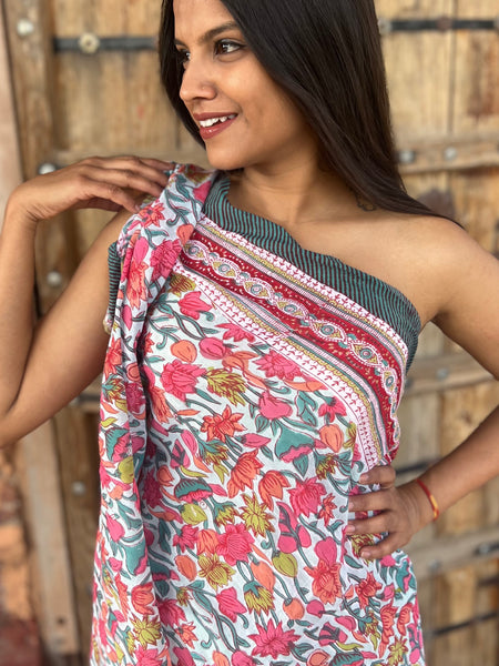 Sarong   , Pareo  , cotton shawl and beach Deluxe Block print collection,pink flower garden   🌹 -  AUROBELLE  IBIZA