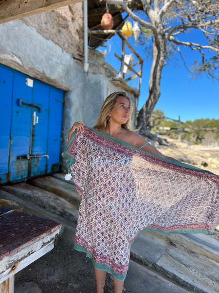 Sarong   , Pareo  , cotton shawl and beach Deluxe Block print collection,olive green classy    🪷 -  AUROBELLE  IBIZA