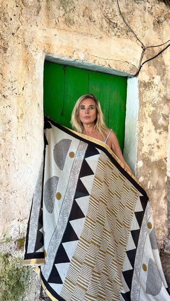 Big size Sarong ,Hand Block Printed Extra Large Sarong | Organic Cotton Muslin | Natural Bagru Print with Golden Modern Art  🌺 -  AUROBELLE  IBIZA