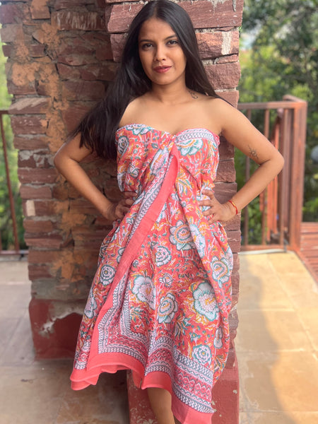 Sarong   , Pareo  , cotton shawl and beach Deluxe Block print collection,apricot calendula 🌸 -  AUROBELLE  IBIZA