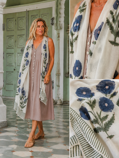 Cosy cashmere wool shawl with exclusive hand block print poppie blue -  AUROBELLE  IBIZA