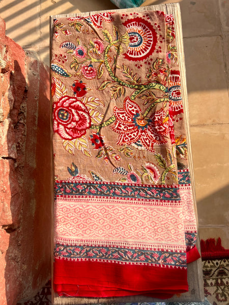 Sarong   , Pareo  , cotton shawl and beach Deluxe Block print collection,Sandy flower garden🌸 -  AUROBELLE  IBIZA