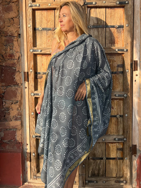 Sarong  Pareo  collection big size with golden zari border No 7A Gerry gray -  AUROBELLE  IBIZA