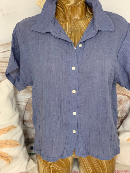 Linen woman  short shirt blouse button ocean blue