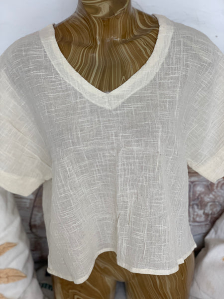 Linen V neck shirt blouse off white