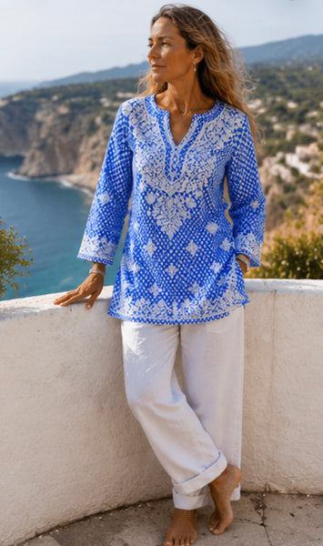 V neck kurta ocean blue  diamond -  AUROBELLE  IBIZA