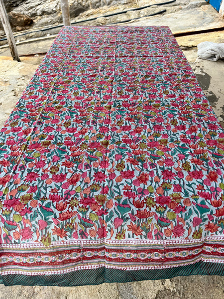 Sarong   , Pareo  , cotton shawl and beach Deluxe Block print collection emerald red flower print -  AUROBELLE  IBIZA