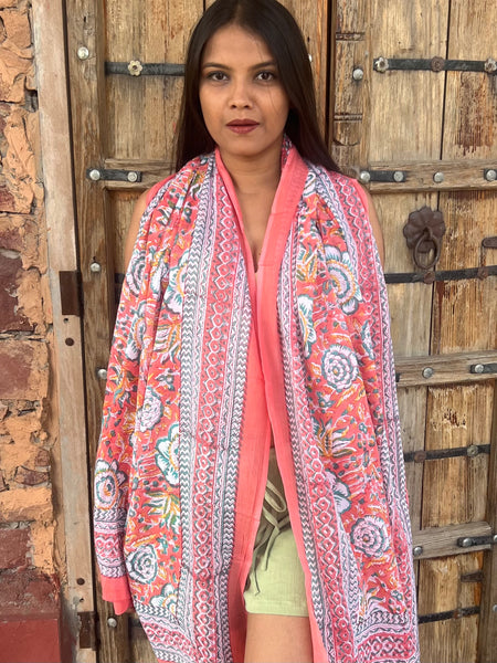 Sarong   , Pareo  , cotton shawl and beach Deluxe Block print collection, apricot calendula 🌹 -  AUROBELLE  IBIZA