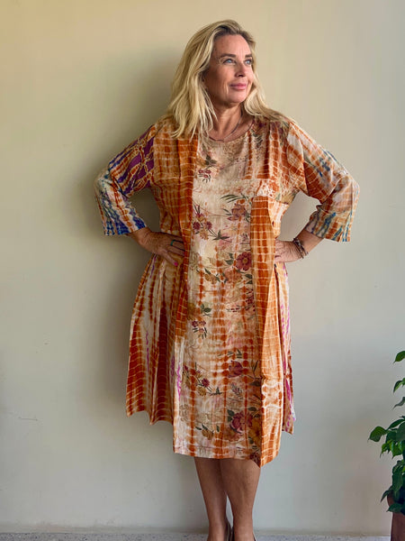 Hanoi silk dress no 8 ocker  multi flower