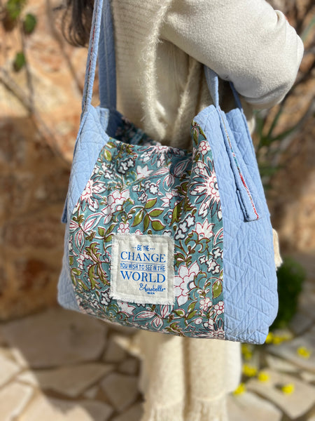 One-of-a-Kind Ibiza Patchwork Bag- be the change you want to see - green flower -  AUROBELLE  IBIZA