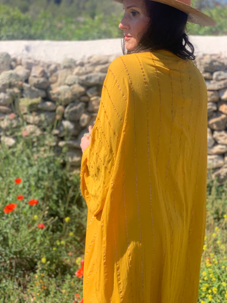 Ibiza boho short kimono 👘 in sun yellow with gold lurex