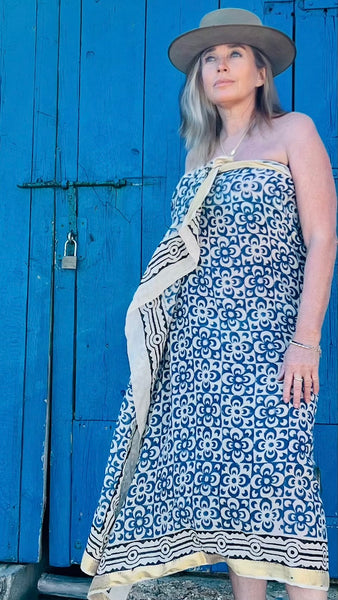 Big size Sarong ,Hand Block Printed Extra Large Sarong | Organic Cotton Muslin | Natural Bagru Print with Golden Blue flower -  AUROBELLE  IBIZA