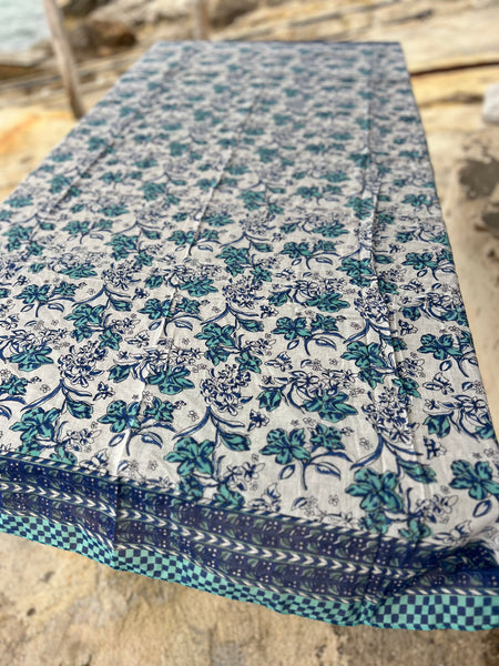 Sarong   , Pareo  , cotton shawl and beach Deluxe Block print collection, blue white Caro’s -  AUROBELLE  IBIZA