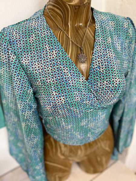 Bohemian  Wrap Top Print – Spiritual Festival Crop Blouse hippie wrap blouse Silky Turquoise small flower -  AUROBELLE  IBIZA