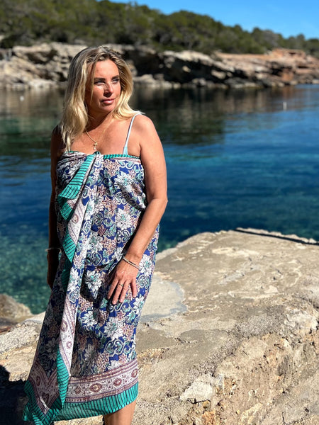 Sarong   , Pareo  , cotton shawl and beach Deluxe Block print collection, blue turquoises flower  🪷 -  AUROBELLE  IBIZA